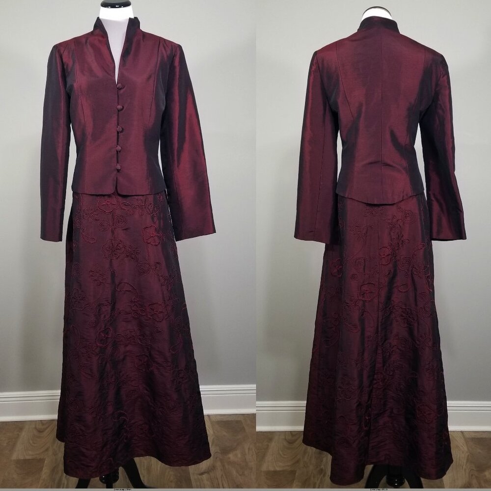 Vintage J. Rose 12 Taffeta Maxi Skirt Top Set Deep Red Long Sleeve Embroidered